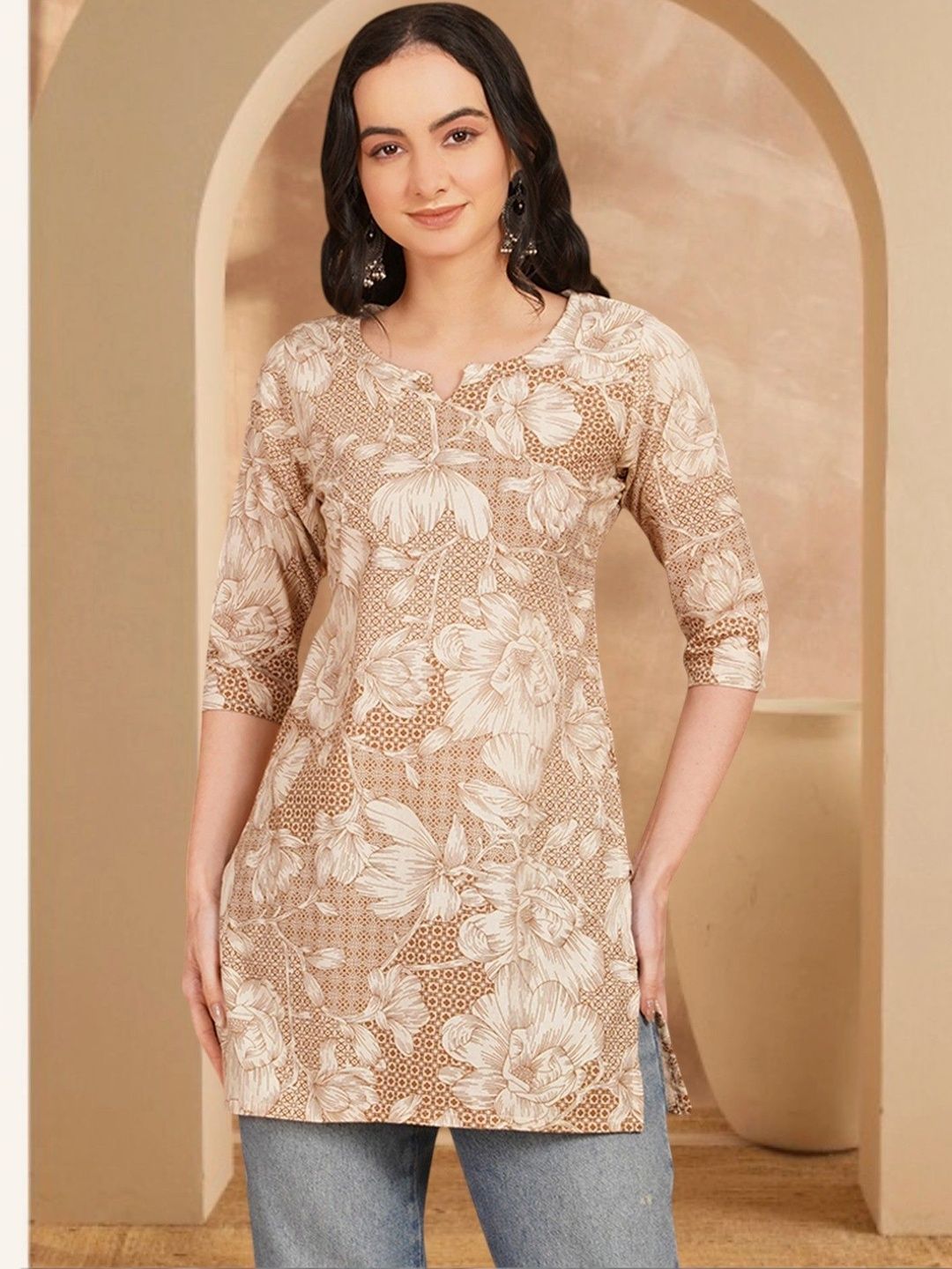 Anouk Rustic Floral Printed V-Neck Pure Cotton Blend Khadi Kurti-picture-57