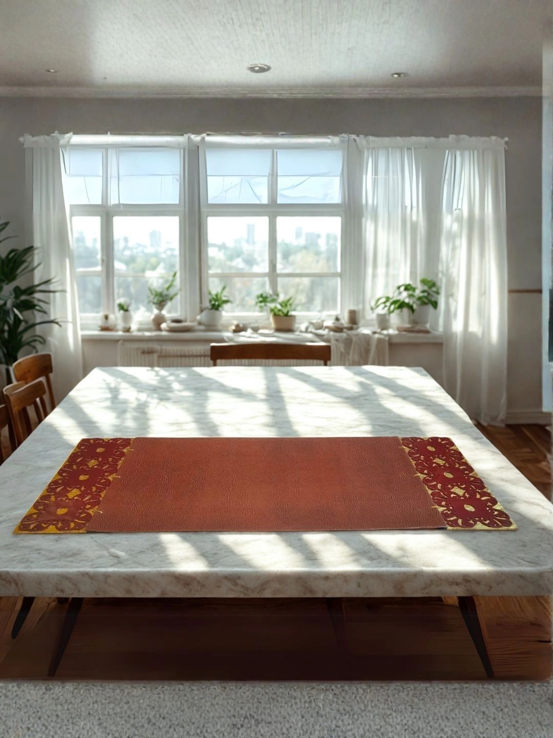 THE HOME CO. Brown Printed Table Runner Laser Cut Design-picture-26