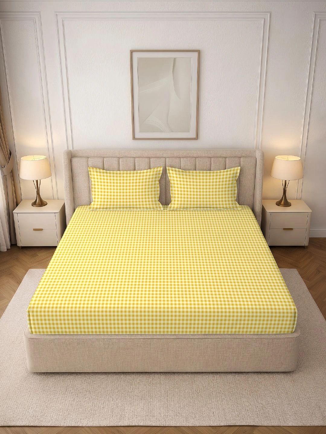 MORADO Yellow & White 130 TC Bedsheet with 2 Pillow Covers-picture-32