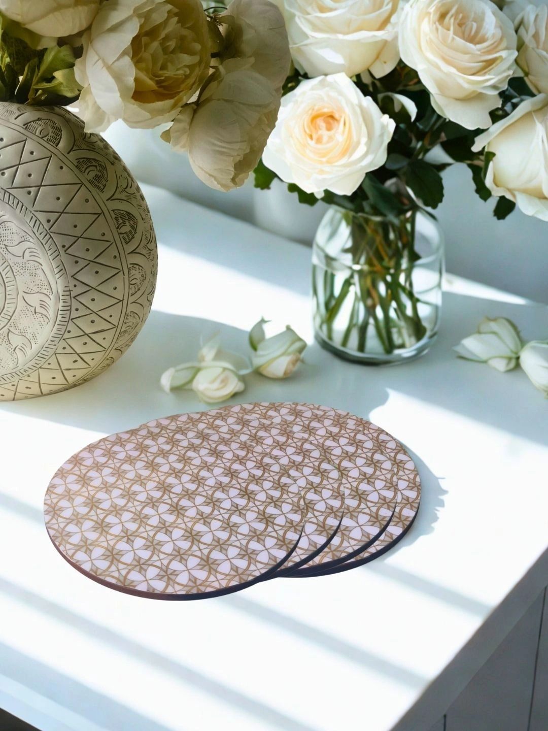 THE HOME CO. 4-Pcs White & Beige Printed Round Table Placemats-picture-58