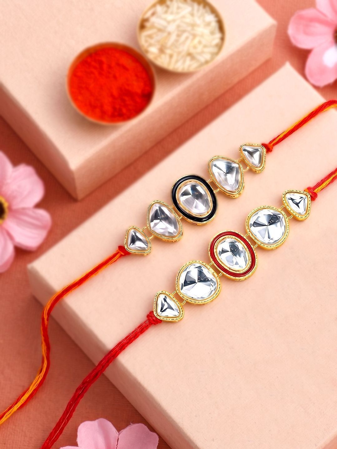 Peora Set Of 2 Gold-Toned Kundan Studded Rakhi With Red Thread-picture-36