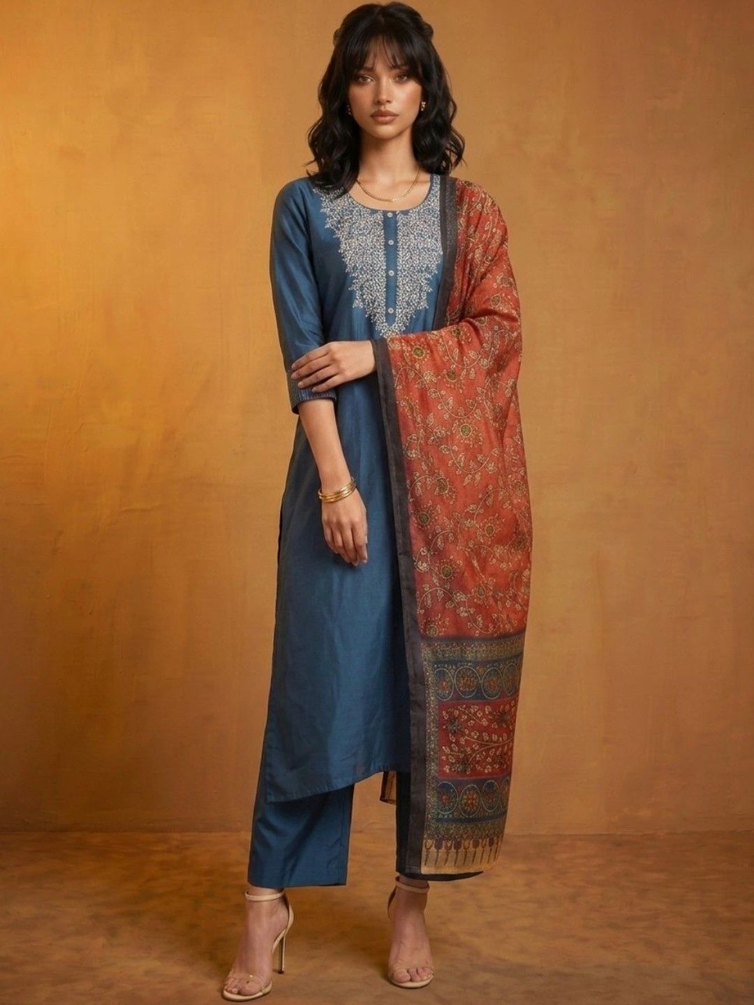 KINDA DESI Women Ethnic Motifs Embroidered Regular Thread Work Chanderi Silk Kurta with Palazzos & With