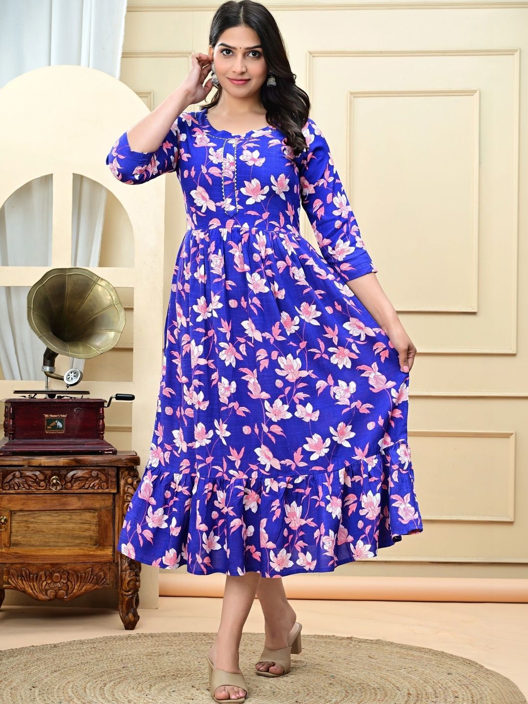 Vorcia Febtex Printed Round-Neck Calf-Length Fit & Flared Ethnic Dress-image-7