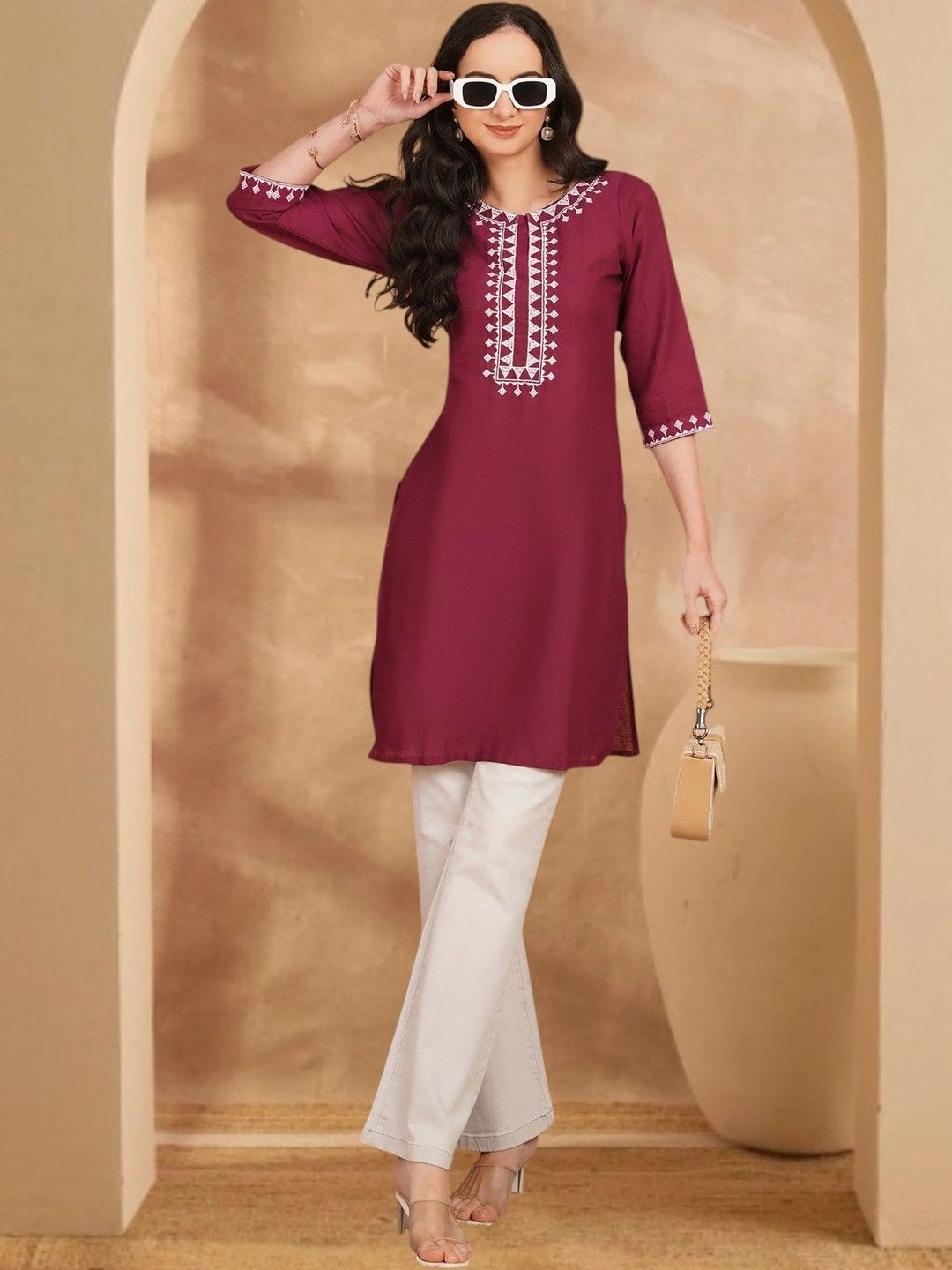 Anouk Rustic Ethnic Motifs Embroidered Thread Work Pure Cotton Blend Khadi Thread Work Kurti-picture-57