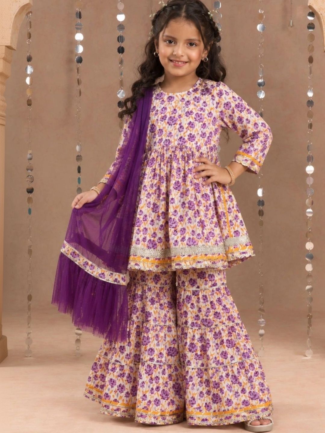 LIL DRAMA Girls Floral Printed Empire Pure Cotton Kurta with Sharara & With Dupatta-picture-10