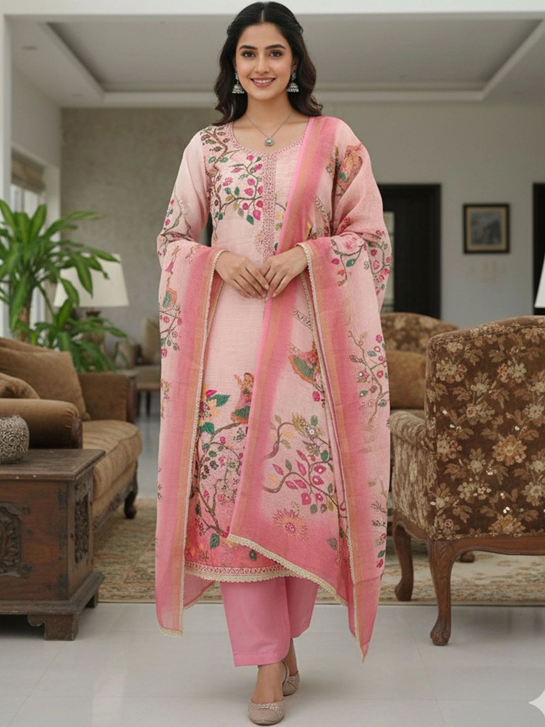 KALINI Embellished Linen Semi-Stitched Dress Material-picture-33