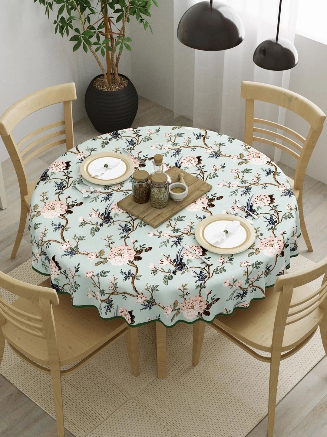 Aura Peach-Coloured Floral Cotton Round 4-Seater Table Cover-picture-54