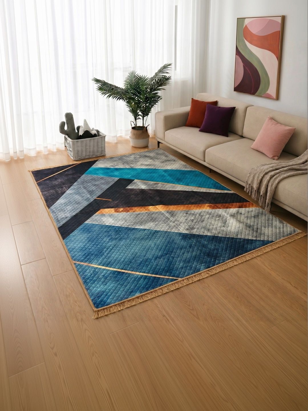 Fashion String Navy Blue Geometric Polyester Carpet-image-33