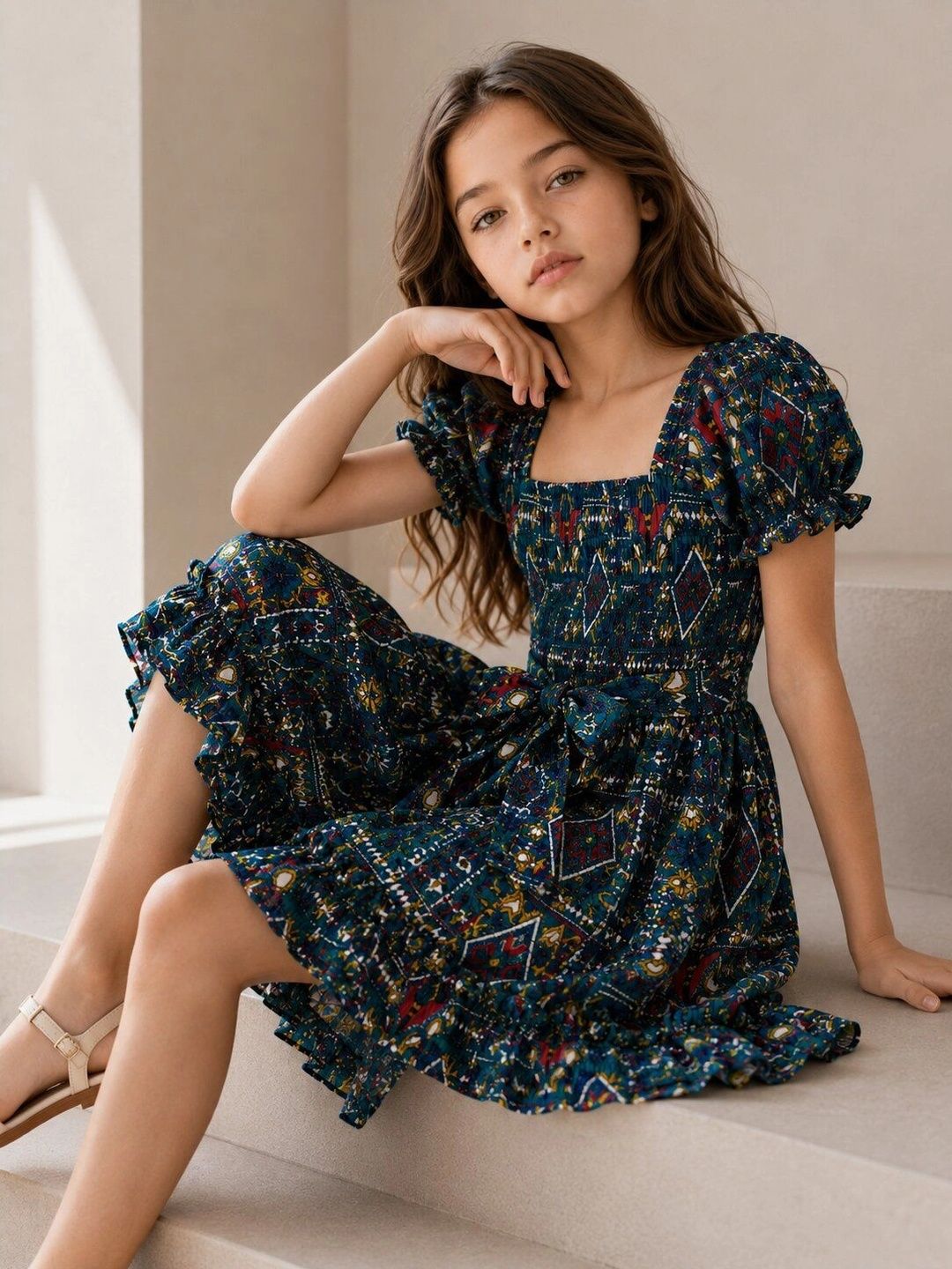 BAESD Ethnic Motifs Print Puff Sleeve A-Line Dress-picture-25