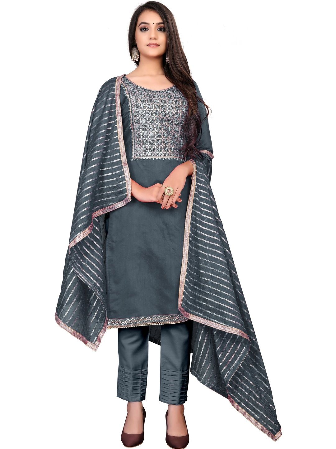 KALINI Embellished Semi-Stitched Dress Material-picture-31