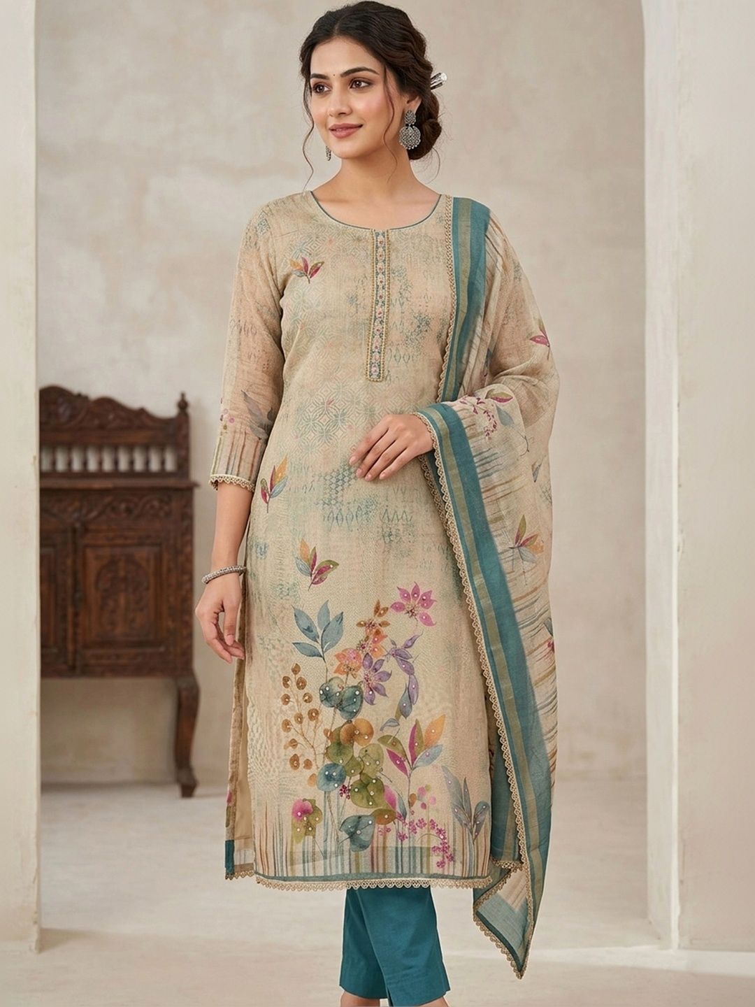 KALINI Embellished Pure Cotton Semi-Stitched Dress Material-picture-37