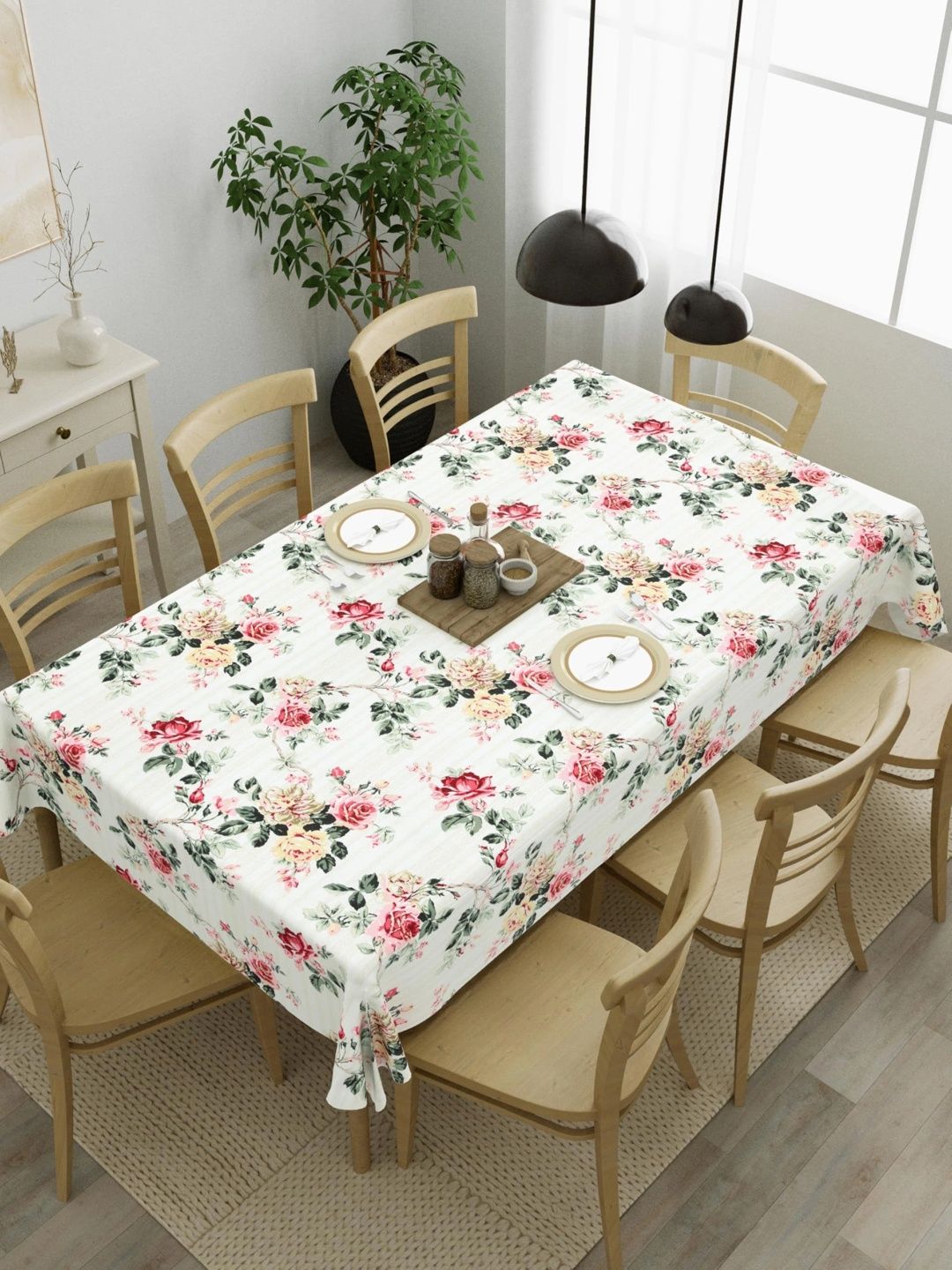Myntra Elegant Homes Cream-Coloured Floral Cotton 6-Seater Table Cover-picture-36