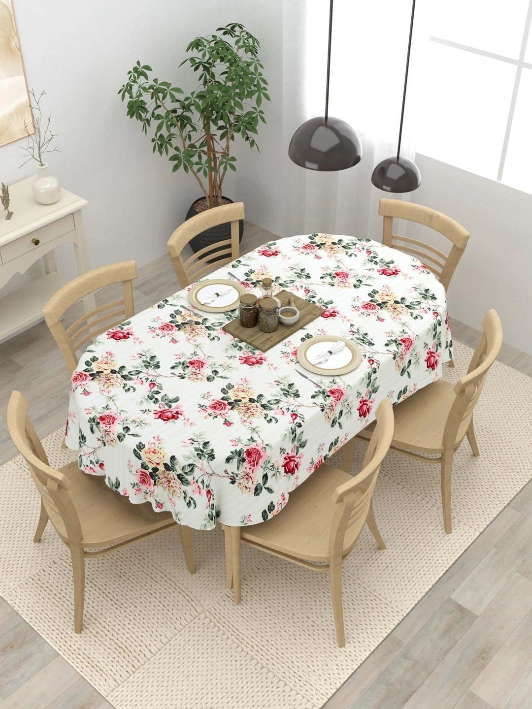 Aura Cream-Coloured Floral Cotton Oval 6-Seater Table Cover-picture-37