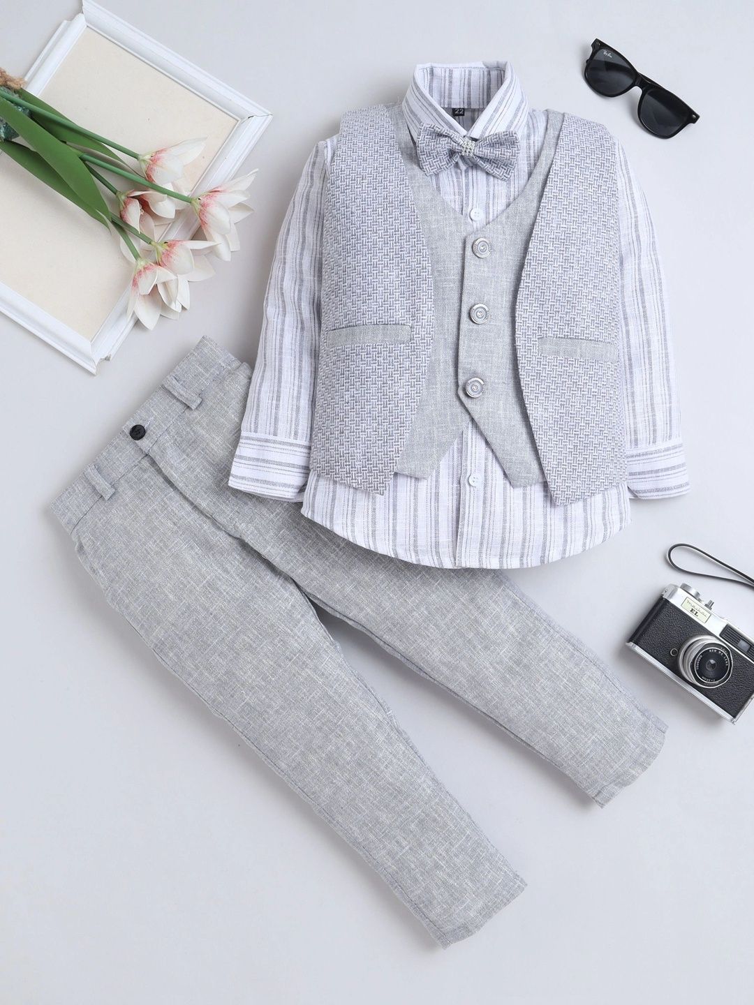 Miss & Chief Self Design Collarless 3 Piece Waistcoat and Trousers Suits-picture-51