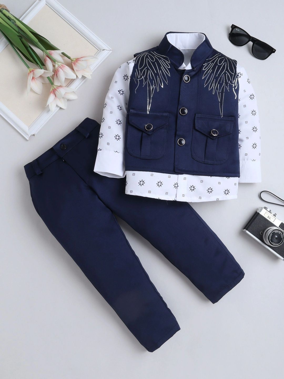 Miss & Chief Self Design Mandarin Collar 3 Piece Waistcoat and Trousers Suits-picture-39