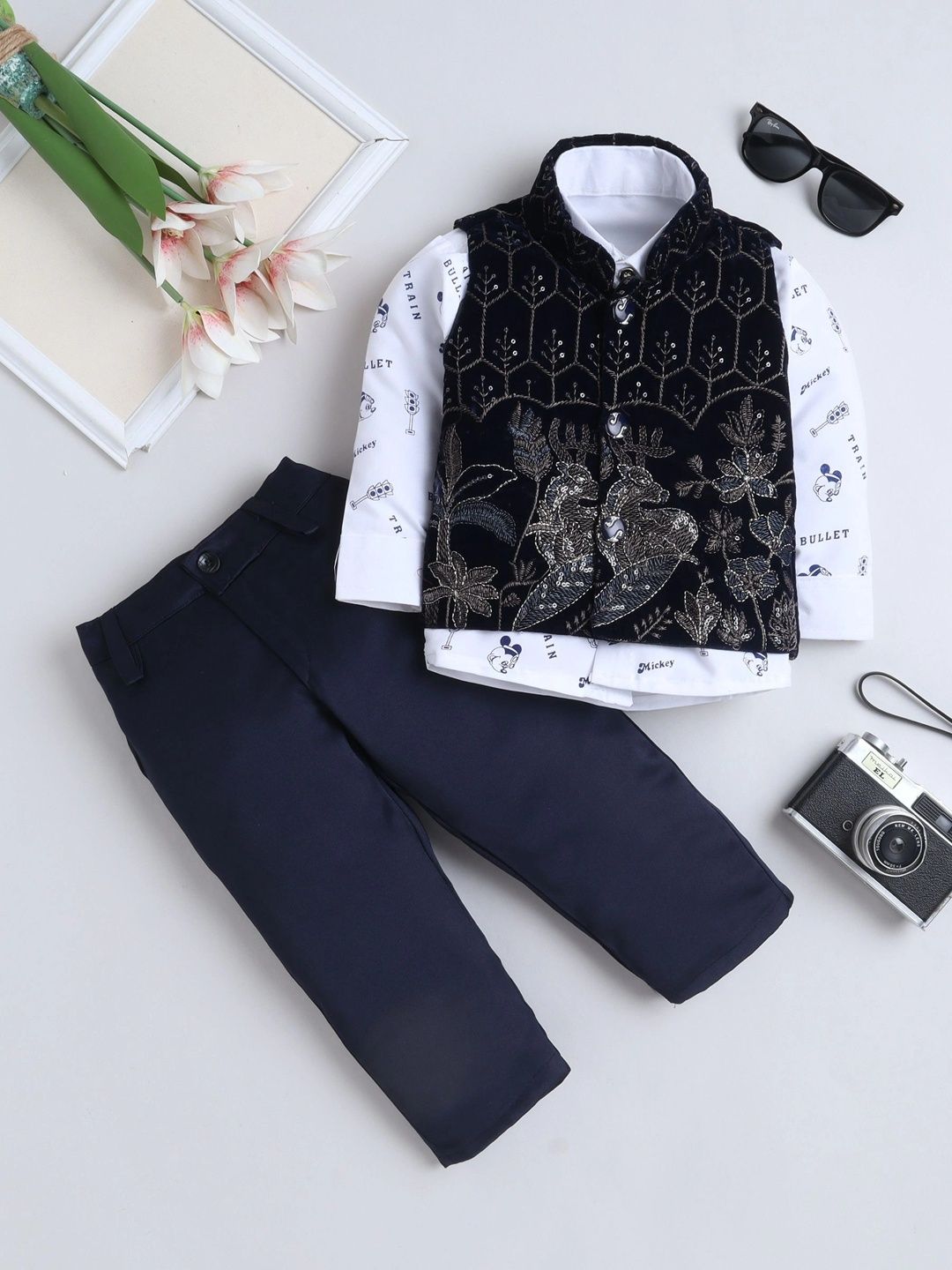 Miss & Chief Self Design Mandarin Collar 3 Piece Waistcoat and Trousers Suits-picture-58