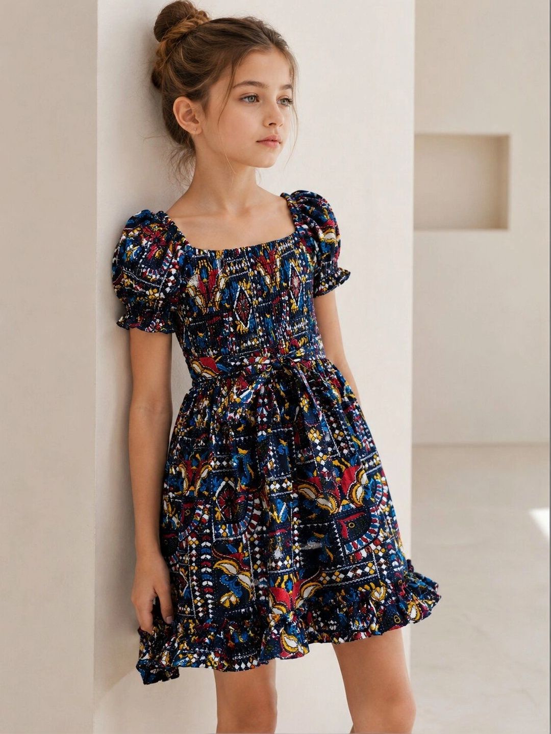 Sangria Bohemian Print Puff Sleeve A-Line Dress-picture-34