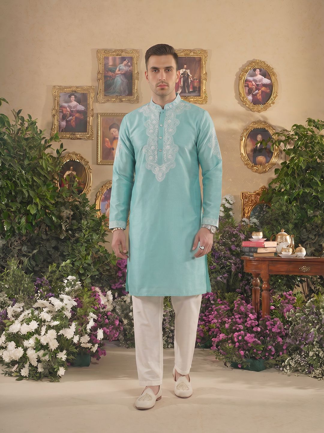 House of Pataudi Jashn Ethnic Motifs Embroidered Regular Kurta with Trousers-picture-55