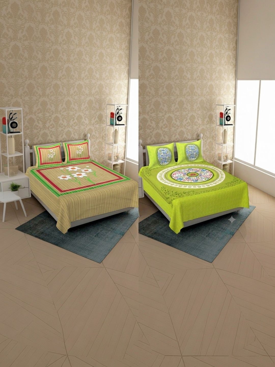 POOSHOP Green & Red Floral 144 TC 2 Bedsheet with 4 Pillow Covers-image-46