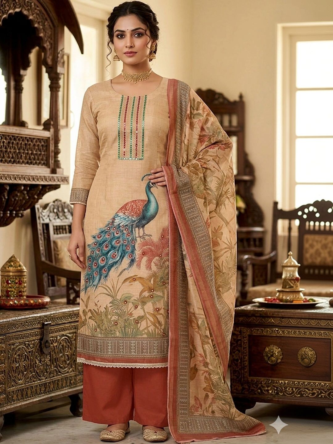 KALINI Embellished Linen Semi-Stitched Dress Material-picture-35