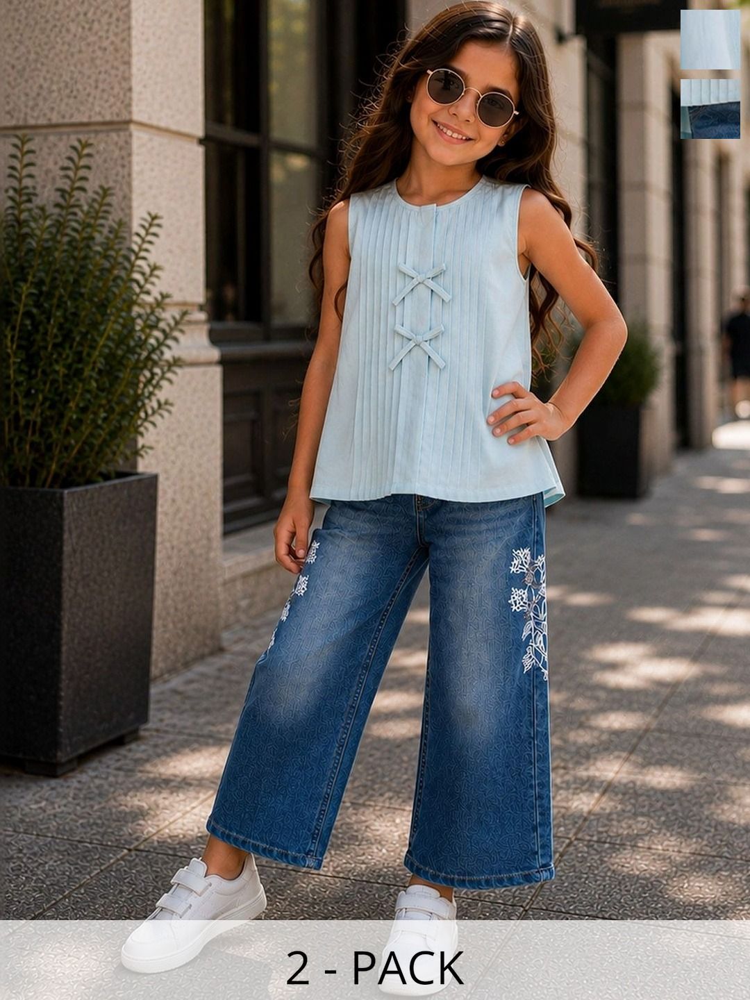 Purple United Kids Girls Blue Soft Fabric Top Blue Comfort Fit Embroidered Jeans Combo Set-picture-34