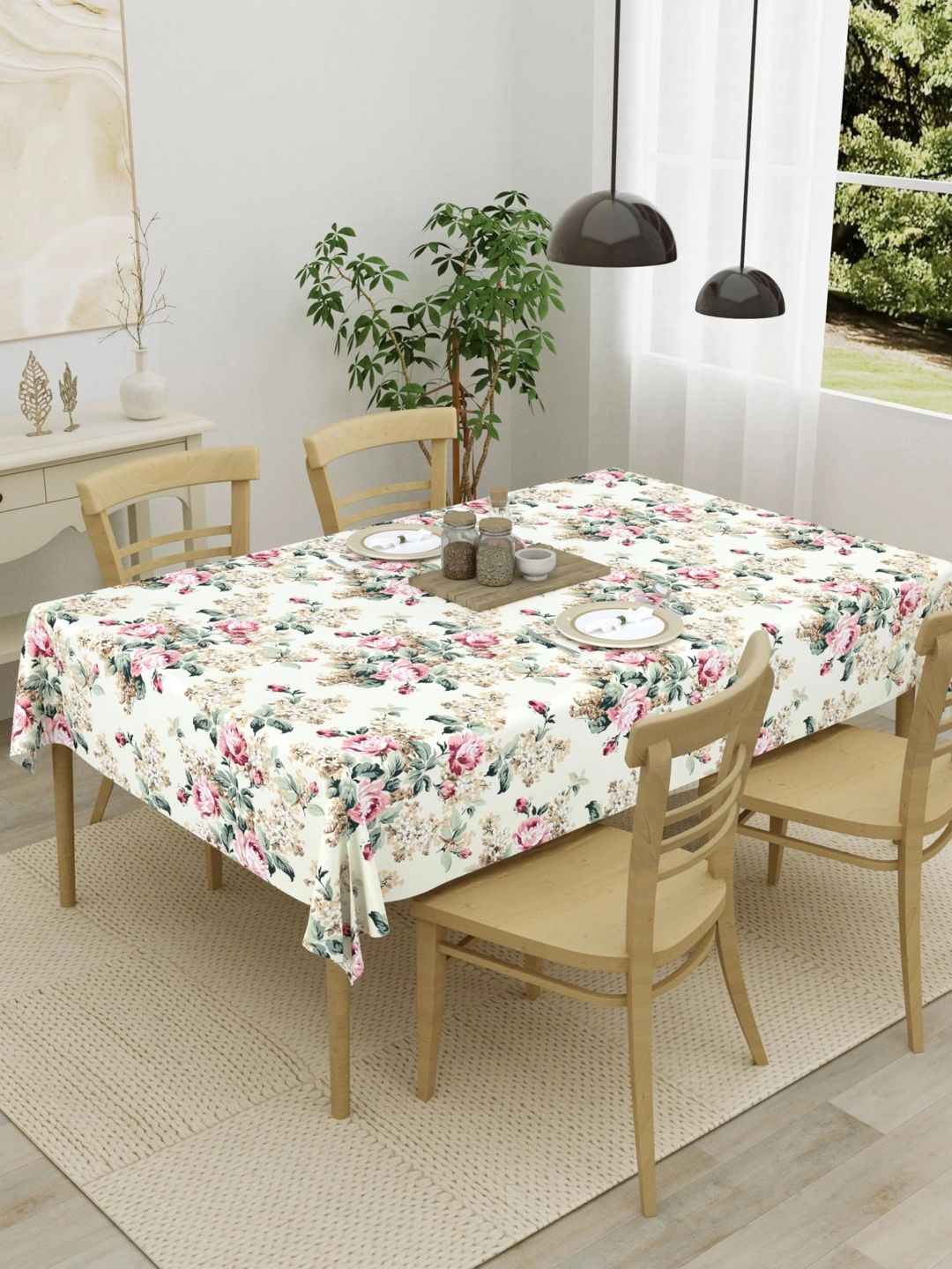 Aura Cream-Coloured Floral Cotton 6-Seater Table Cover-picture-55