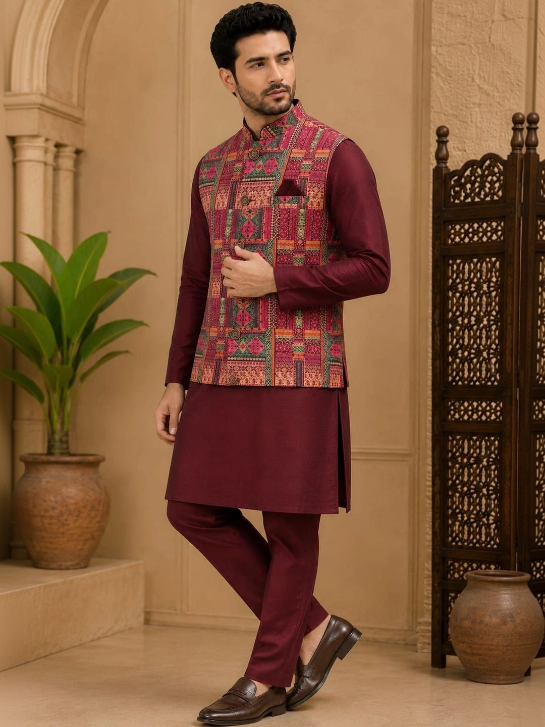 WANAS Geometric Printed Jacquard Mandarin Collar Nehru Jacket-picture-40