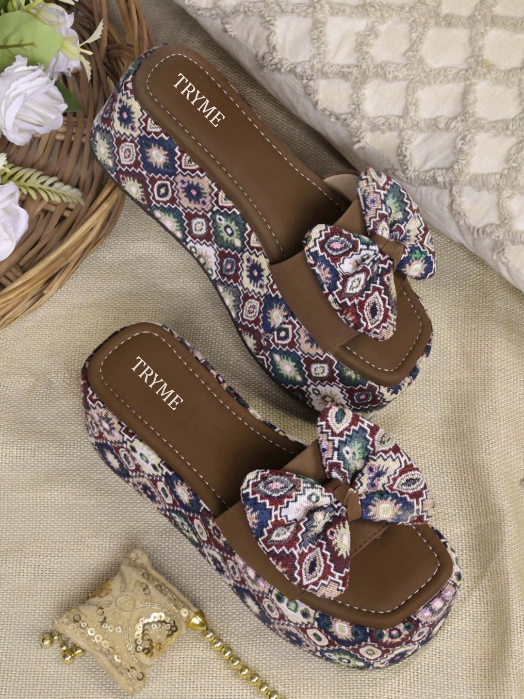 Try Me Printed Wedge Sandals with Bows-picture-11