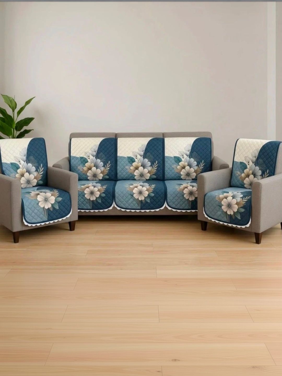 GOVINDIKA Blue Printed Cotton Blend Sofa Cover Without Arms-image-10