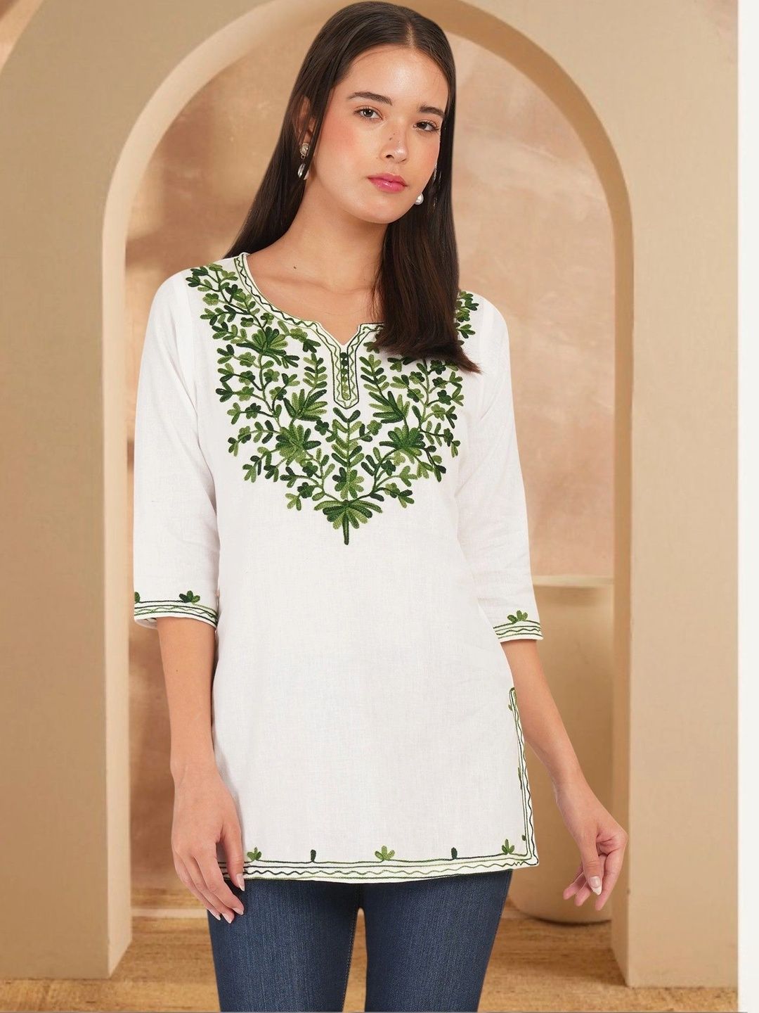 Anouk Rustic Ethnic Motifs Embroidered V-Neck Thread Work Pure Cotton Blend Khadi Thread Work Kurti-picture-32