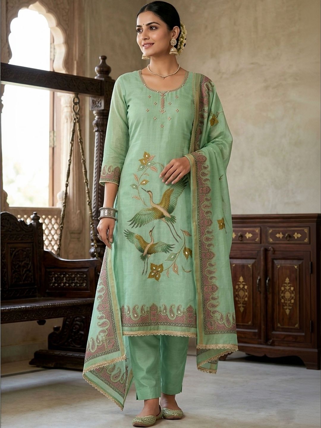 KALINI Embellished Linen Semi-Stitched Dress Material-picture-36