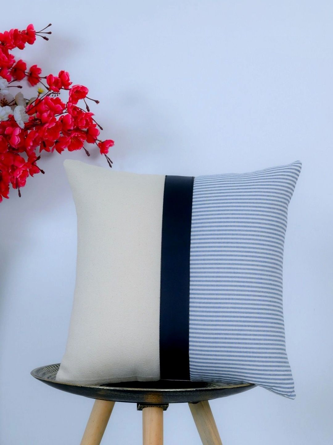 Homzz Beige Striped Leather Blend Square Cushion Covers-image-32