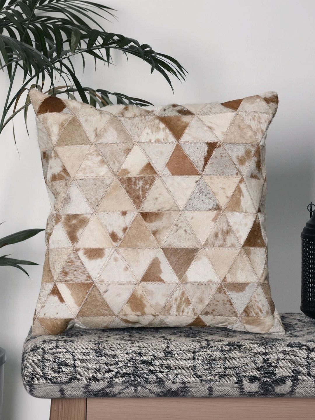 Homzz Beige Geometric Leather Blend Square Cushion Covers-image-36