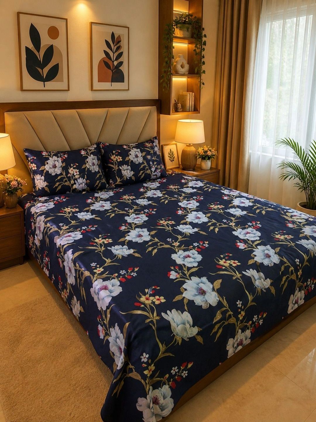 Luxury lane Blue & White Floral 200 TC Bedsheet with 2 Pillow Covers-image-24