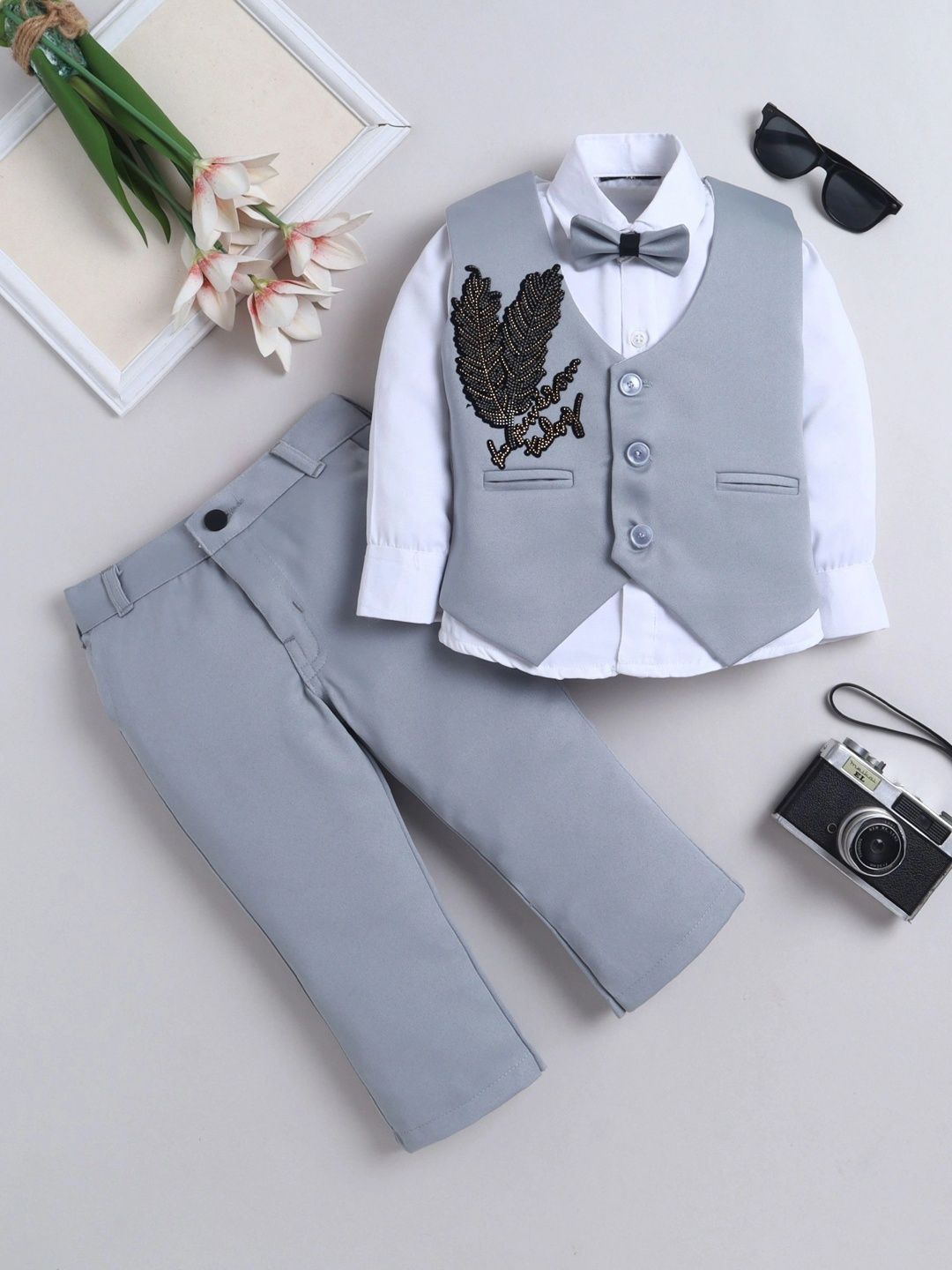 Miss & Chief Boys Self Design Collarless 3 Piece Waistcoat and Trousers Suits-picture-49