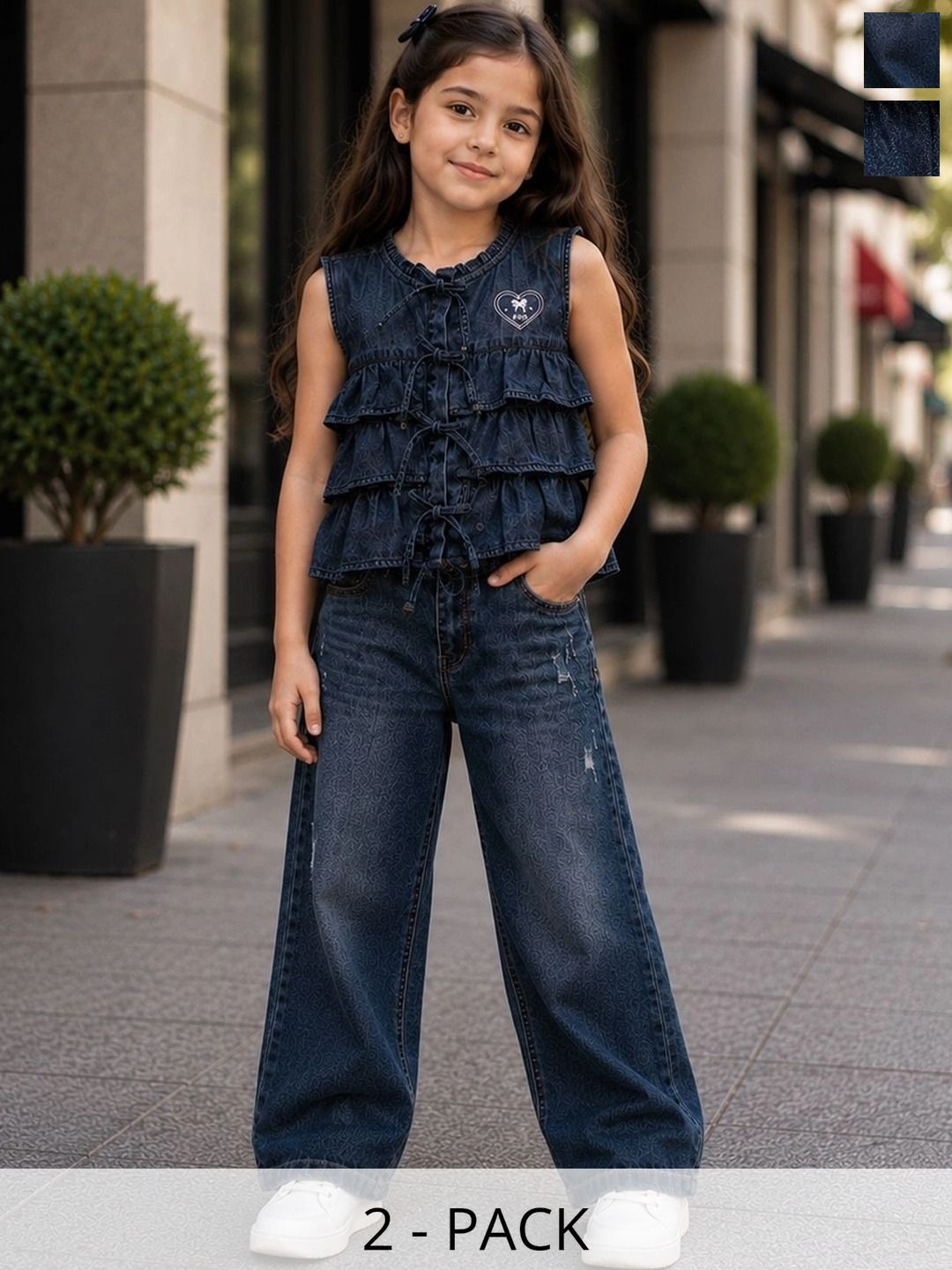 Purple United Kids Girls Mid Blue Casual Ruffle Top Blue Relaxed Fit Denim Jeans Combo Set-picture-52