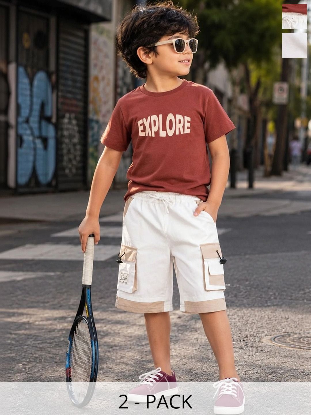 Purple United Kids Boys Brown Crew Neck Tshirt Navy Blue Cargo Pocket Bermuda Combo Set-picture-57