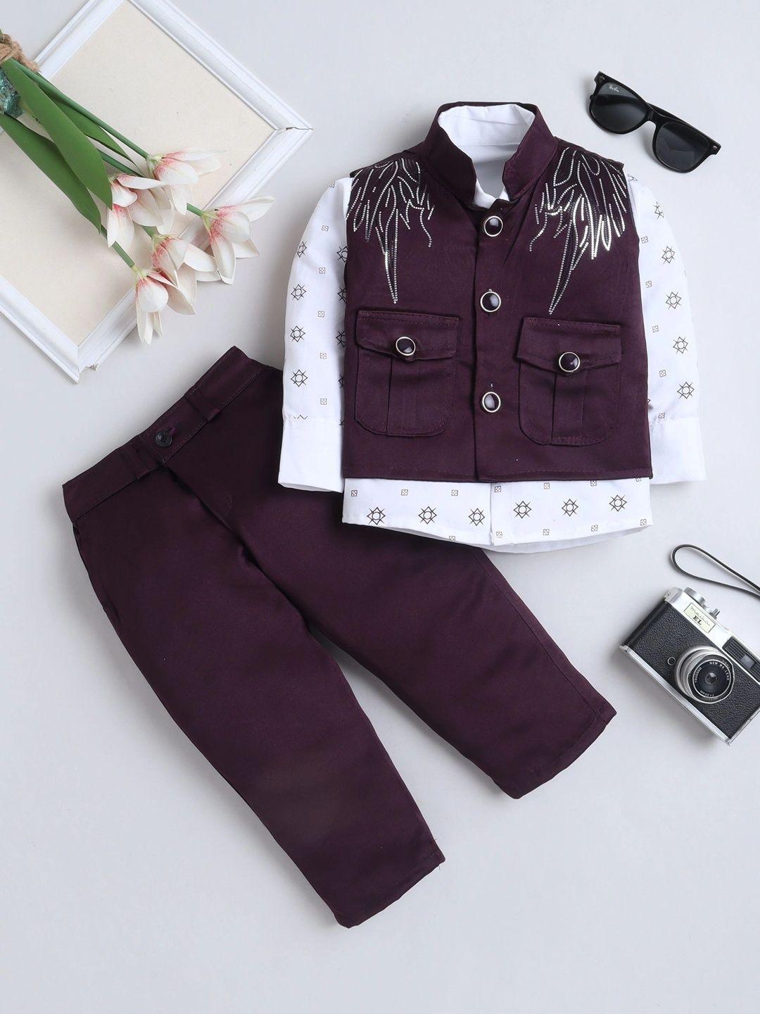 Miss & Chief Boys Printed Mandarin Collar Single-Breasted Three-Piece Suit-picture-22