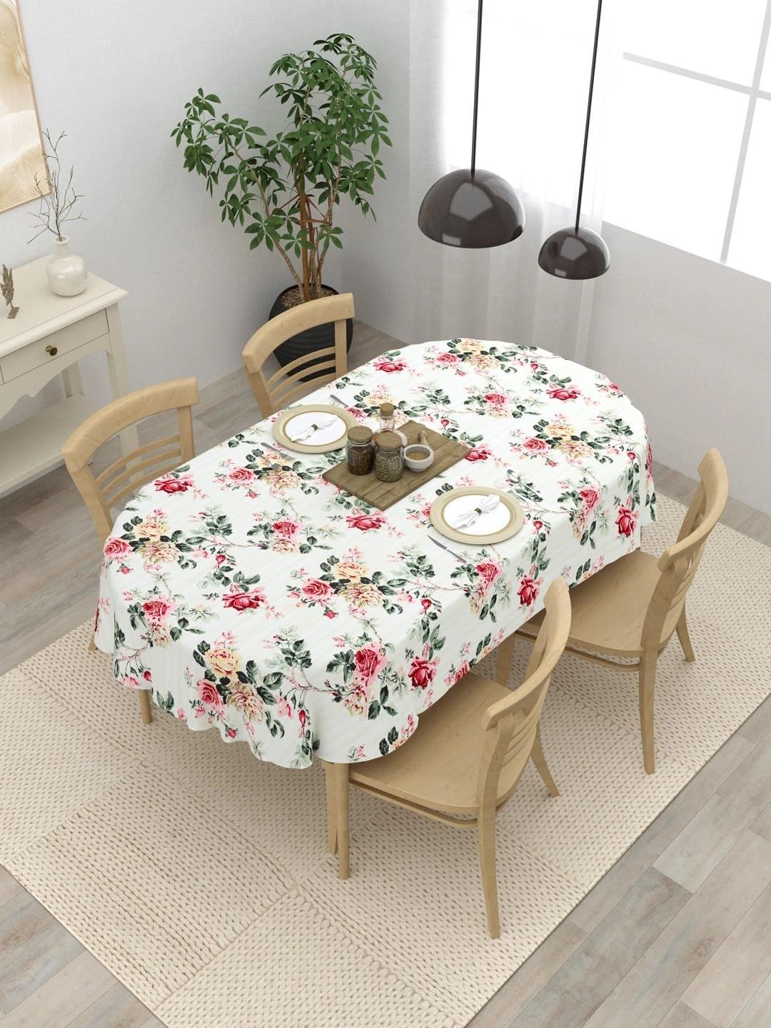 Aura Cream-Coloured Floral Cotton Oval 4-Seater Table Cover-picture-42