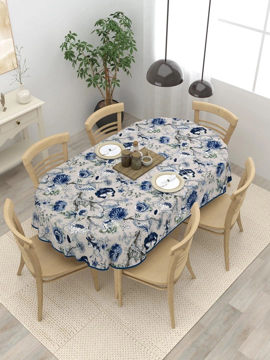 Myntra Elegant Homes Blue Floral Cotton Oval 6-Seater Table Cover-picture-12