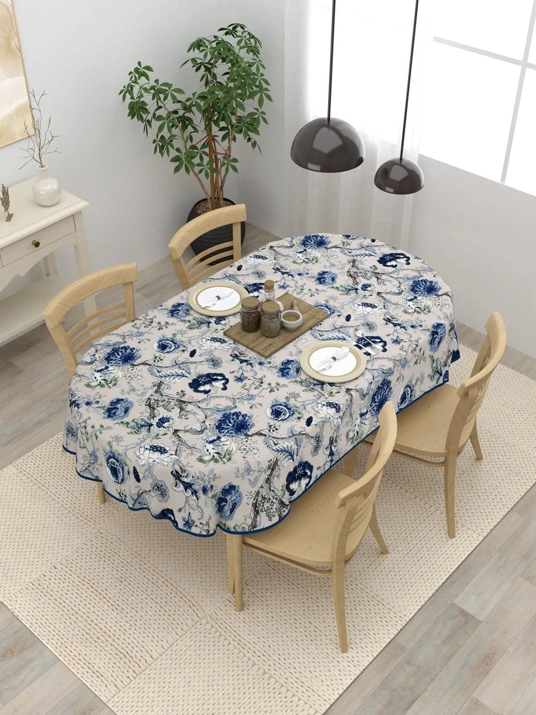 Aura Blue Floral Cotton Oval 4-Seater Table Cover-picture-10