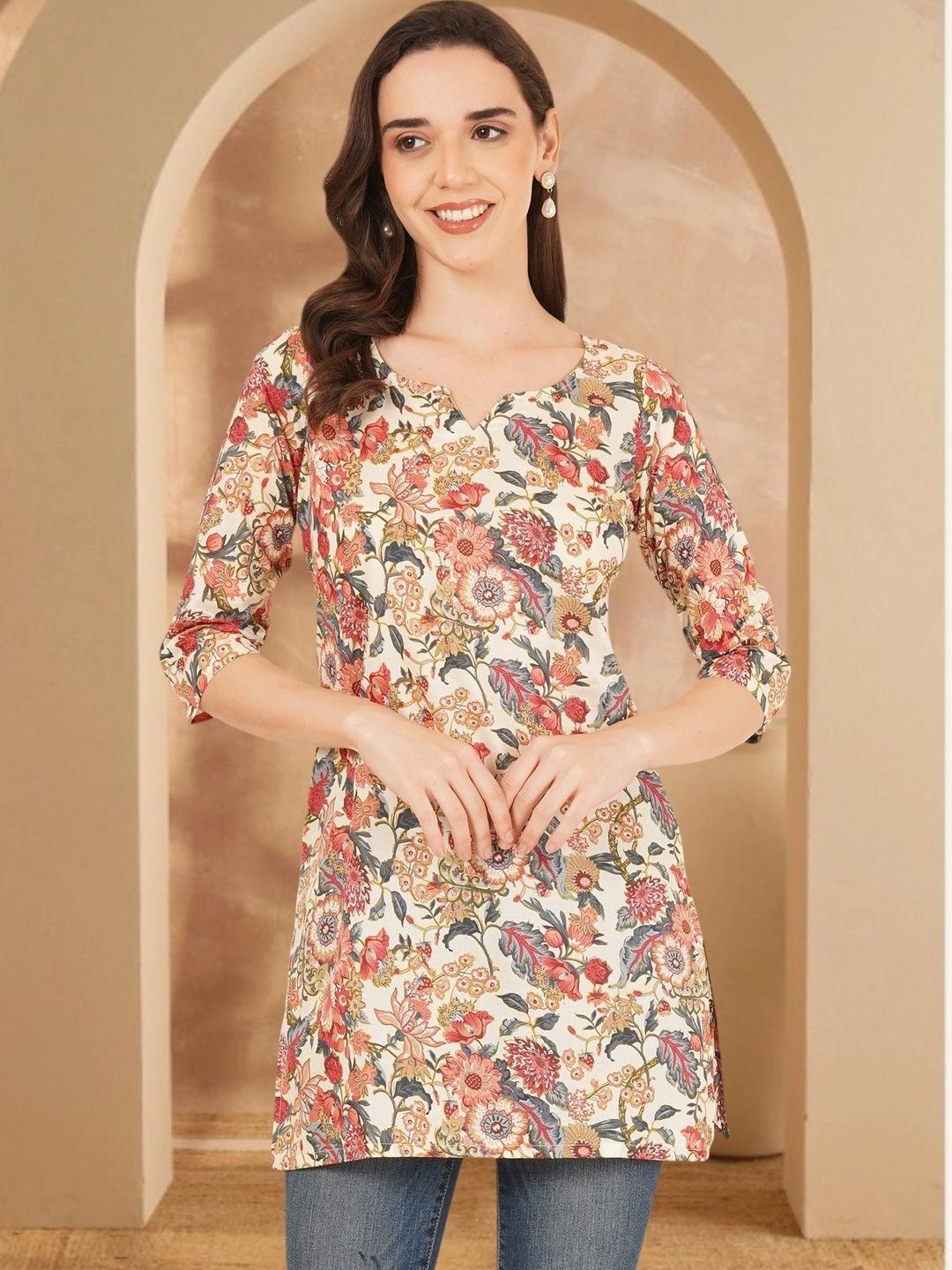 Anouk Rustic Floral Printed V-Neck Pure Cotton Blend Khadi Kurti-picture-38
