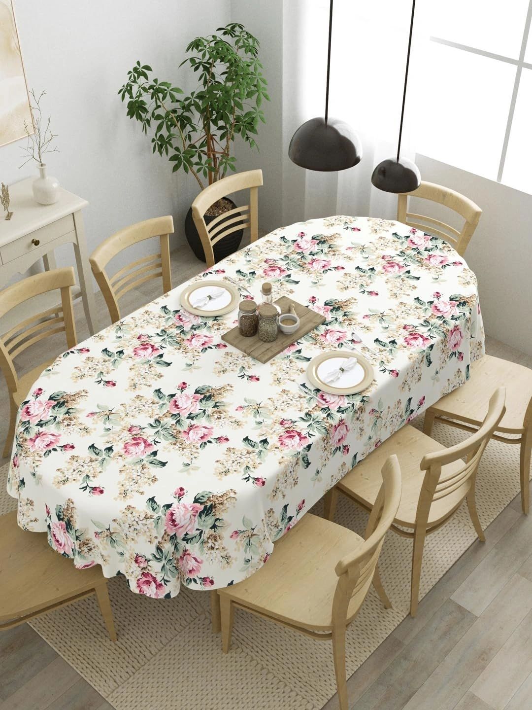 Myntra Elegant Homes Cream-Coloured Floral Cotton Oval 6-Seater Table Cover-picture-28