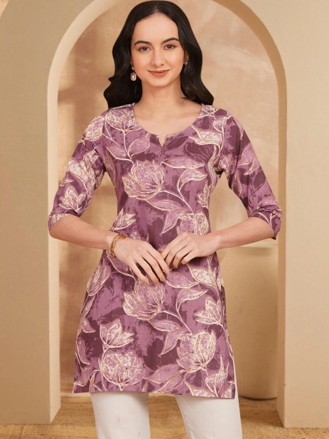Anouk Rustic Floral Printed V-Neck Pure Cotton Blend Khadi Kurti-picture-40