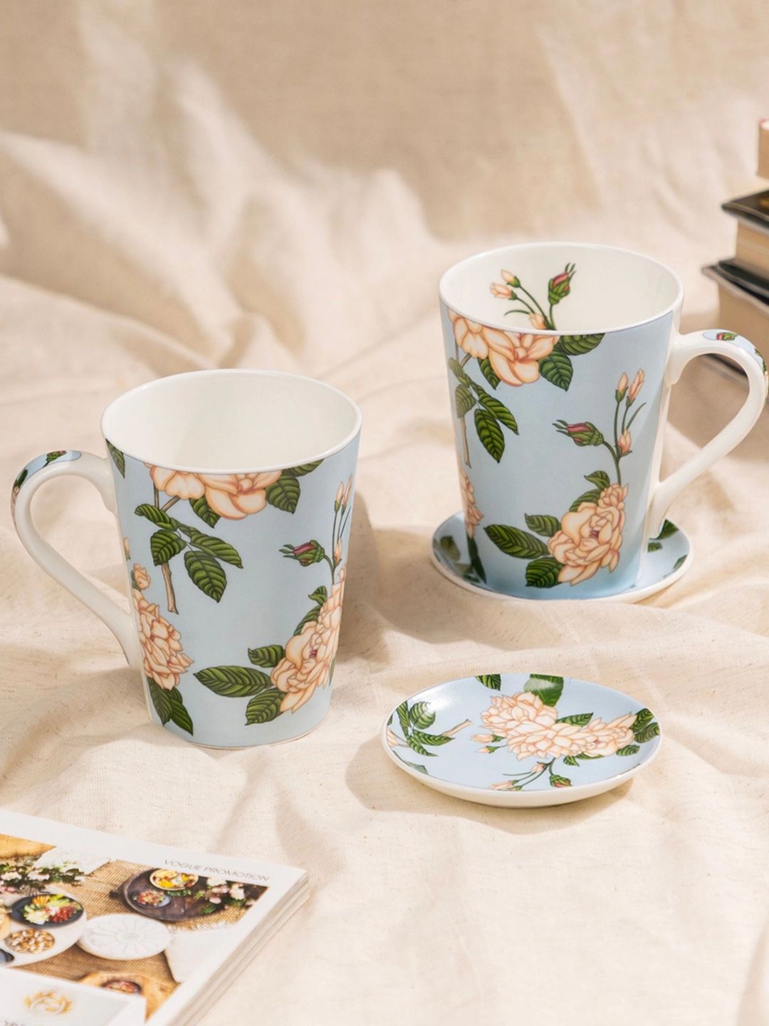 GOLDEN QUEEN'S Blue Floral Printed Bone China Glossy Mugs Set of Cups and Mugs-image-38