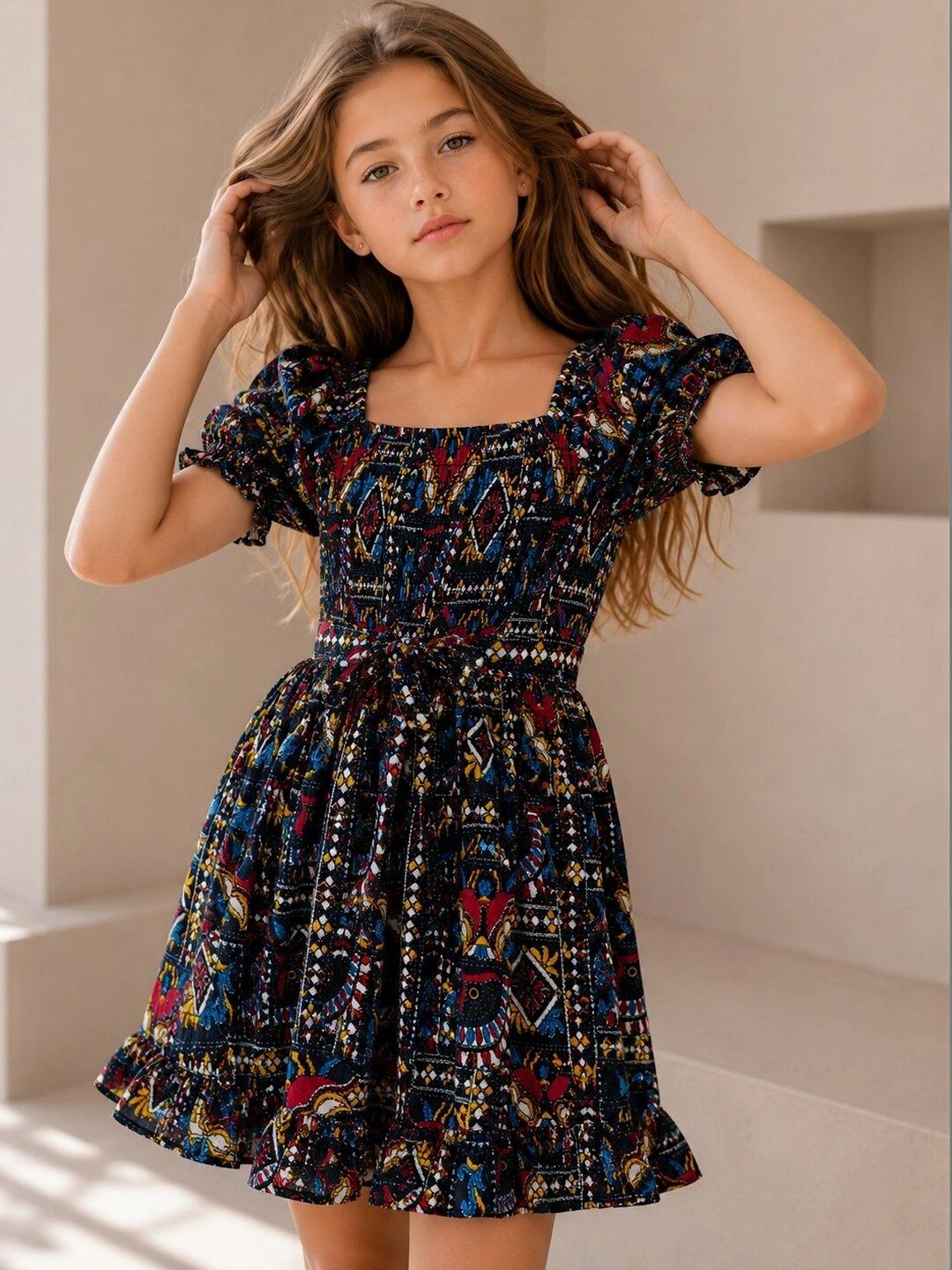 HERE&NOW Ethnic Motifs Print Puff Sleeve A-Line Dress-picture-17