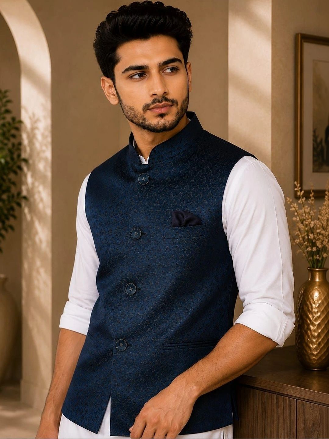 WANAS Woven Design Mandarin Collar Nehru Jacket-picture-37