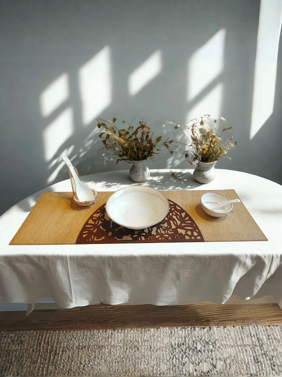 THE HOME CO. Brown Leatherette Table Runner Flower Laser Cut Design-picture-20