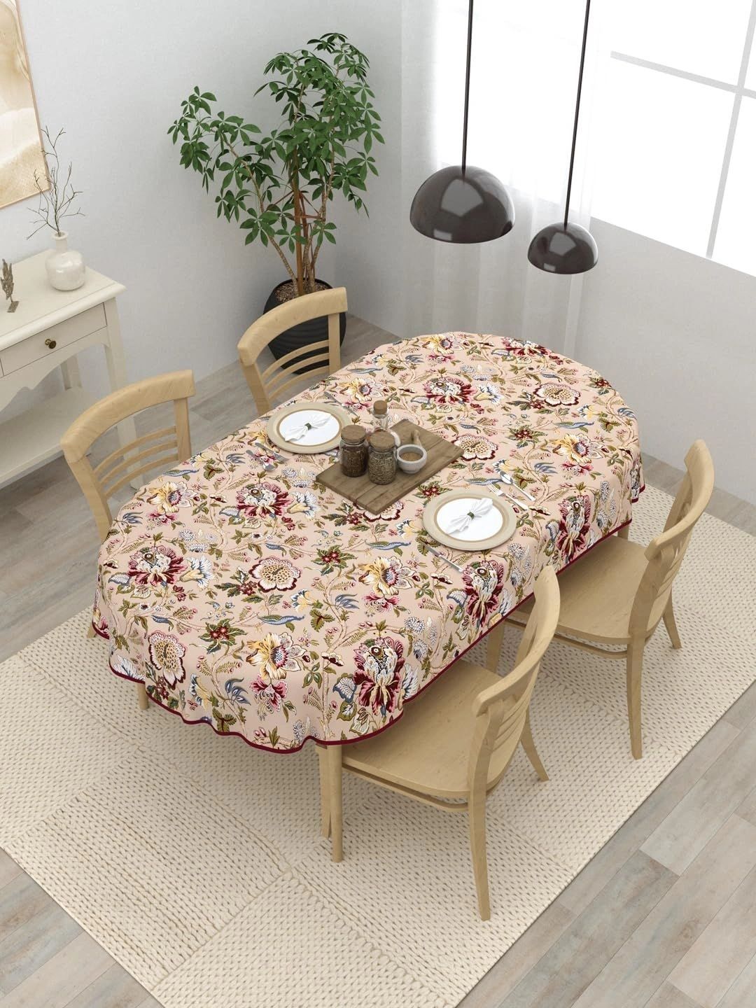 Aura Red Floral Cotton Oval 4-Seater Table Cover with Embellished details-picture-38