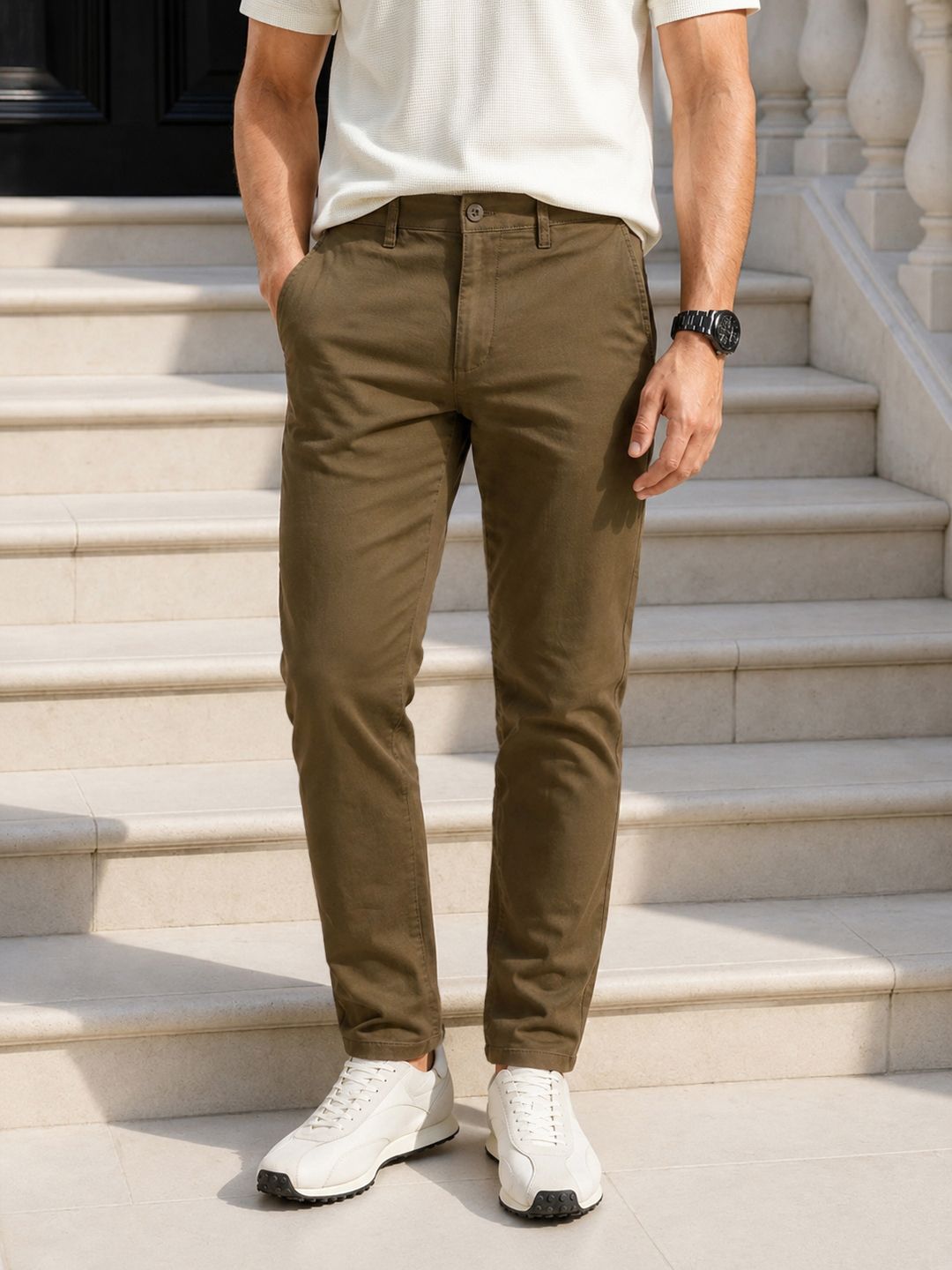 Buy The Indian Garage Co Men Olive Green Slim Fit Solid Chinos - Trous